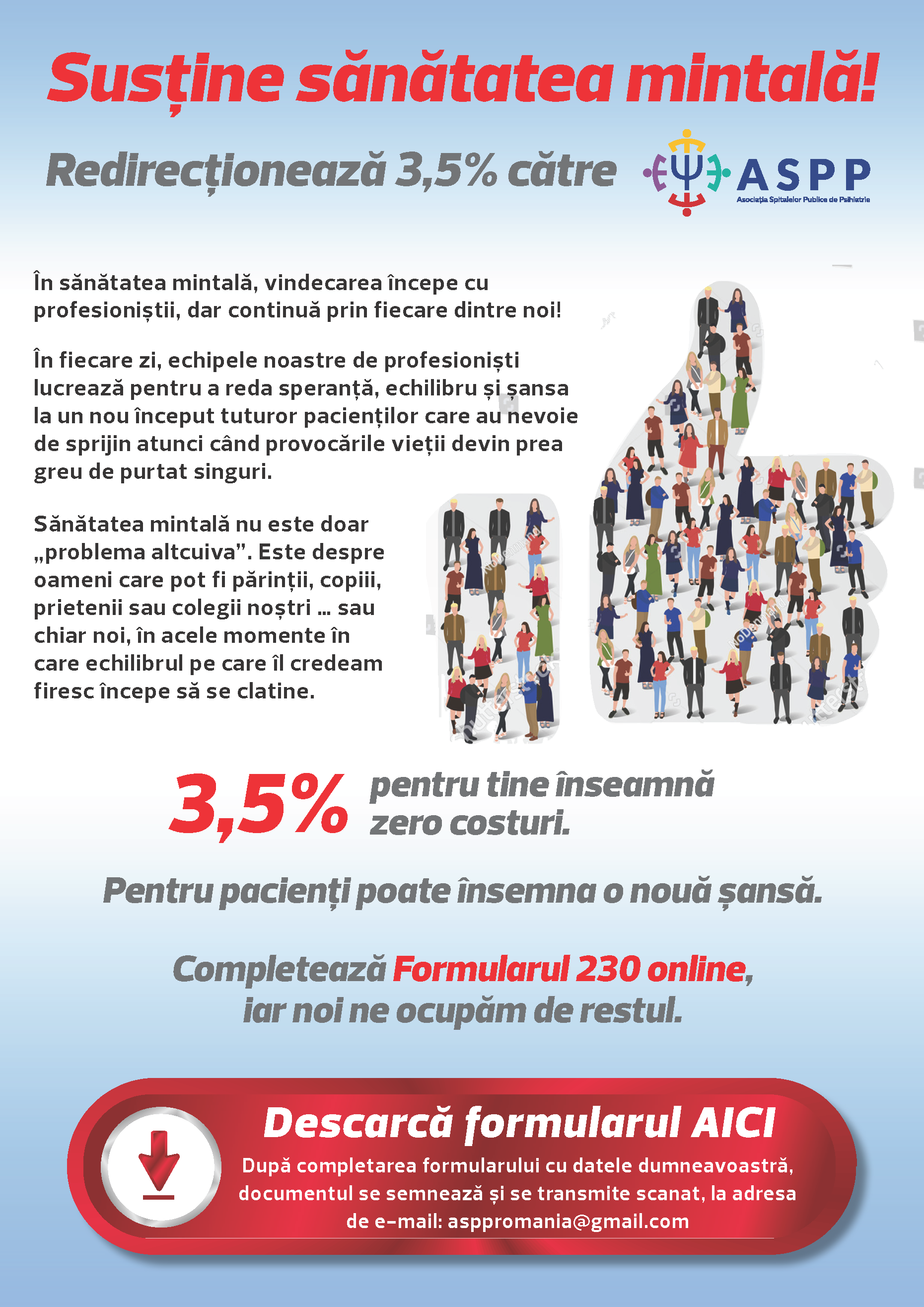 Susține sănătatea mintală! Redirecționează 3,5% către ASOCIATIA SPITALELOR PUBLICE DE PSIHIATRIE